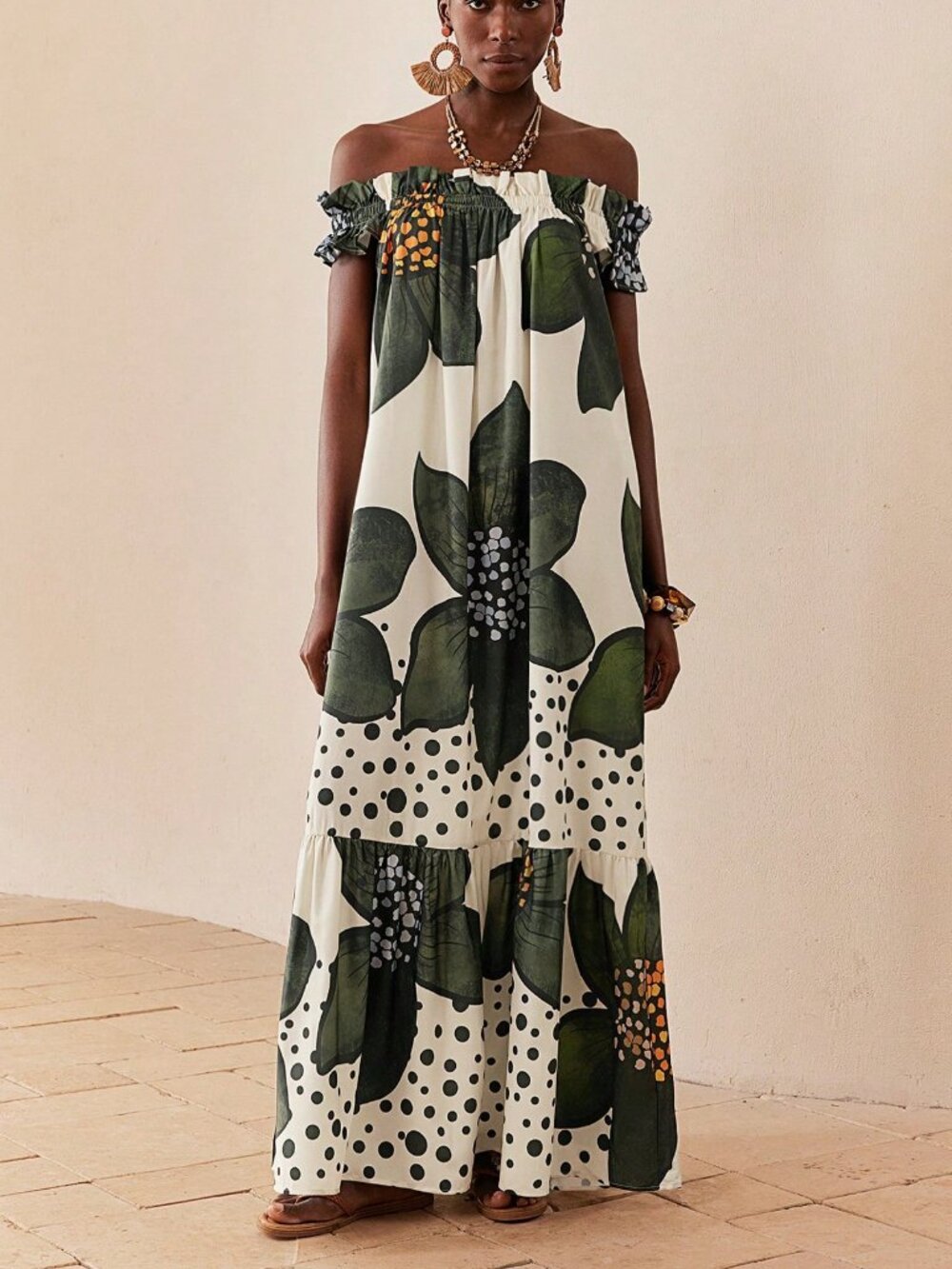 Multicolor Boho Women's Floral Print Off-Shoulder maxi Dress - Picture 1 of 7